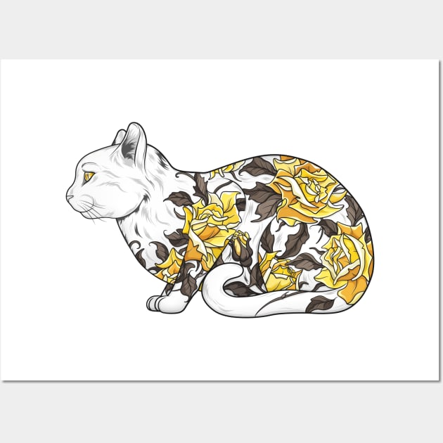 Cat in Yellow Roses Tattoo Wall Art by runcatrun